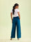 Women Turquoise Blue Solid Viscose Knit Mid Rise Palazzos