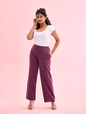 Women Solid Dark Wine Ponte Wide Leg Pants