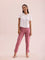 Women Dusty Rose Solid Mid Rise Metallic Pants