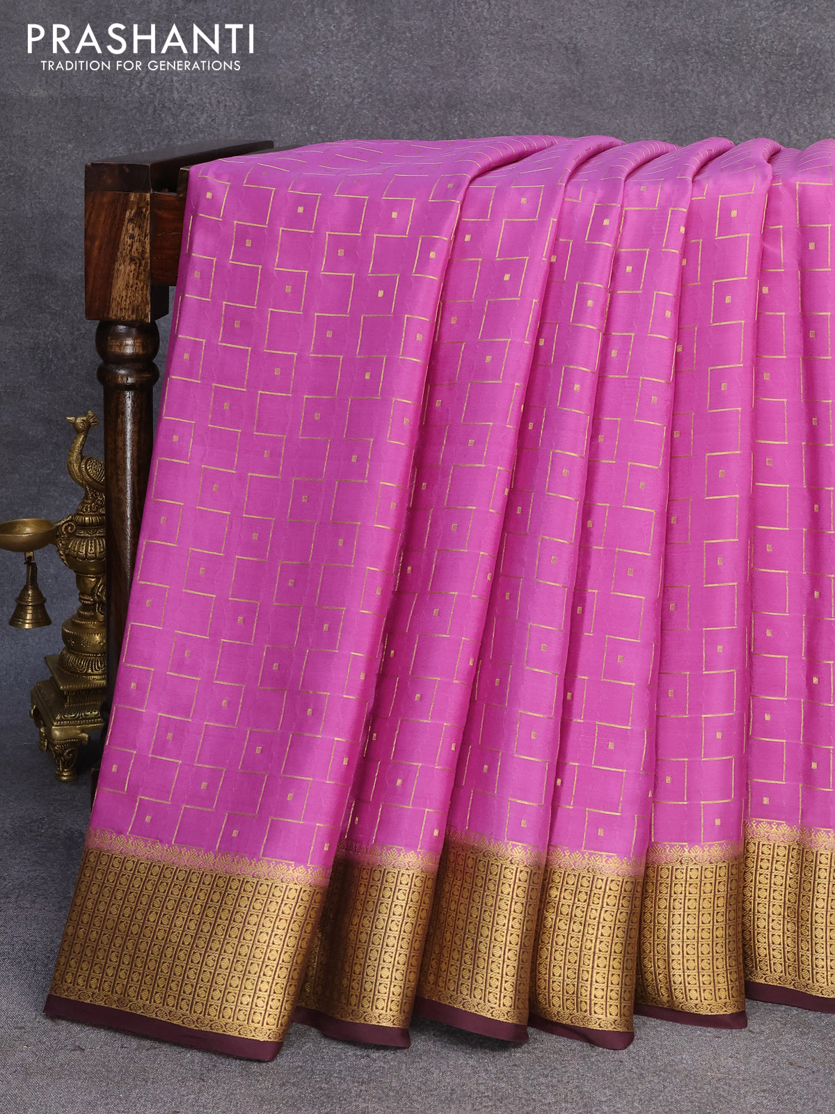 Pure mysore silk saree violet shade and wine shade with allover zari weaves & buttas and zari woven border