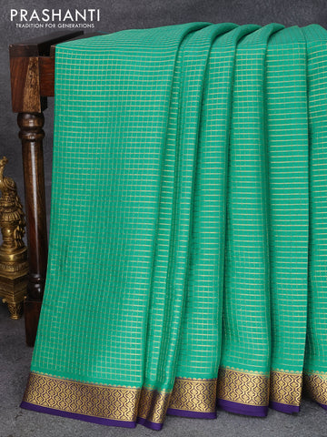 Pure mysore silk saree teal green and blue with allover small zari checked pattern and zari woven border