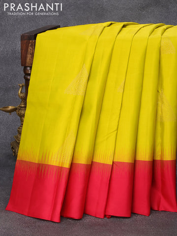 Pure kanjivaram silk saree yellow and pink with zari woven geometric buttas and simple border & Butta style