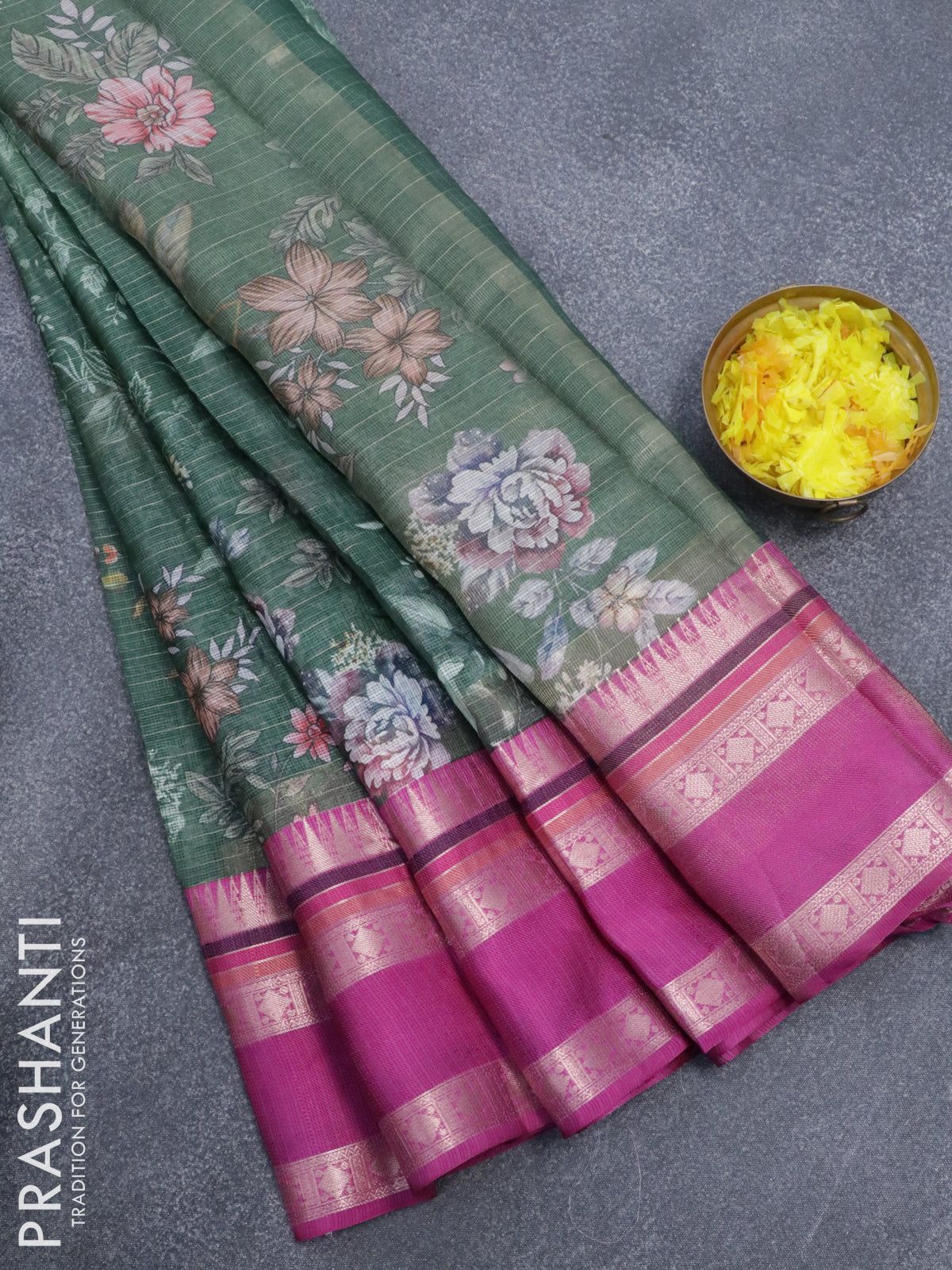 Banarasi kota saree sap green and purple with allover digital prints & zari stripes pattern and temple design rettapet zari woven border