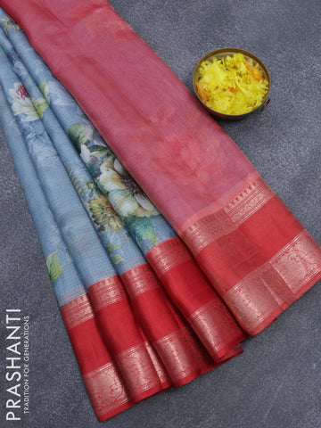 Banarasi kota saree bluish grey and red with floral digital prints and rettapet zari woven border