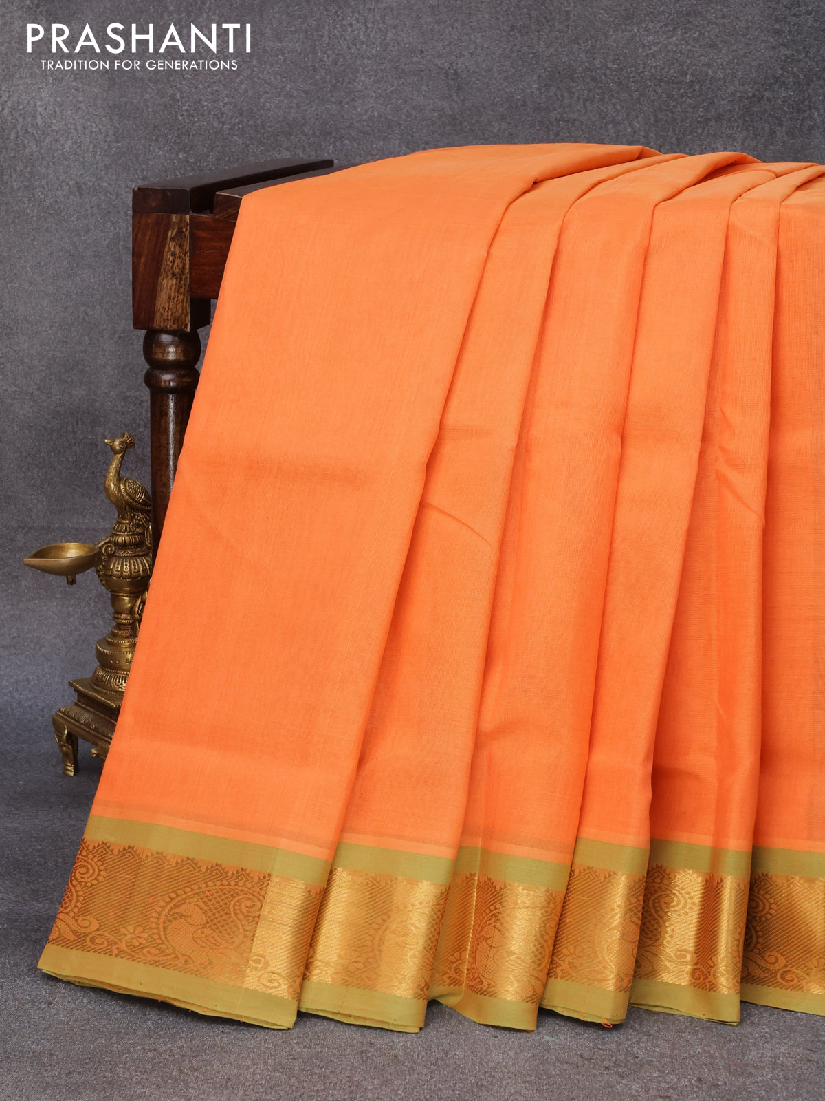 10 yards silk cotton saree orange and light green with plain body and zari woven border without blouse