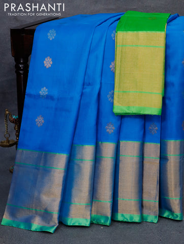 Pure uppada silk saree cs blue and light green with silver & gold zari woven floral buttas and long zari woven border