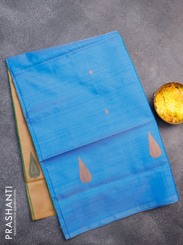 Banana pith saree blue and sandal with thread woven buttas in borderless style with blouse