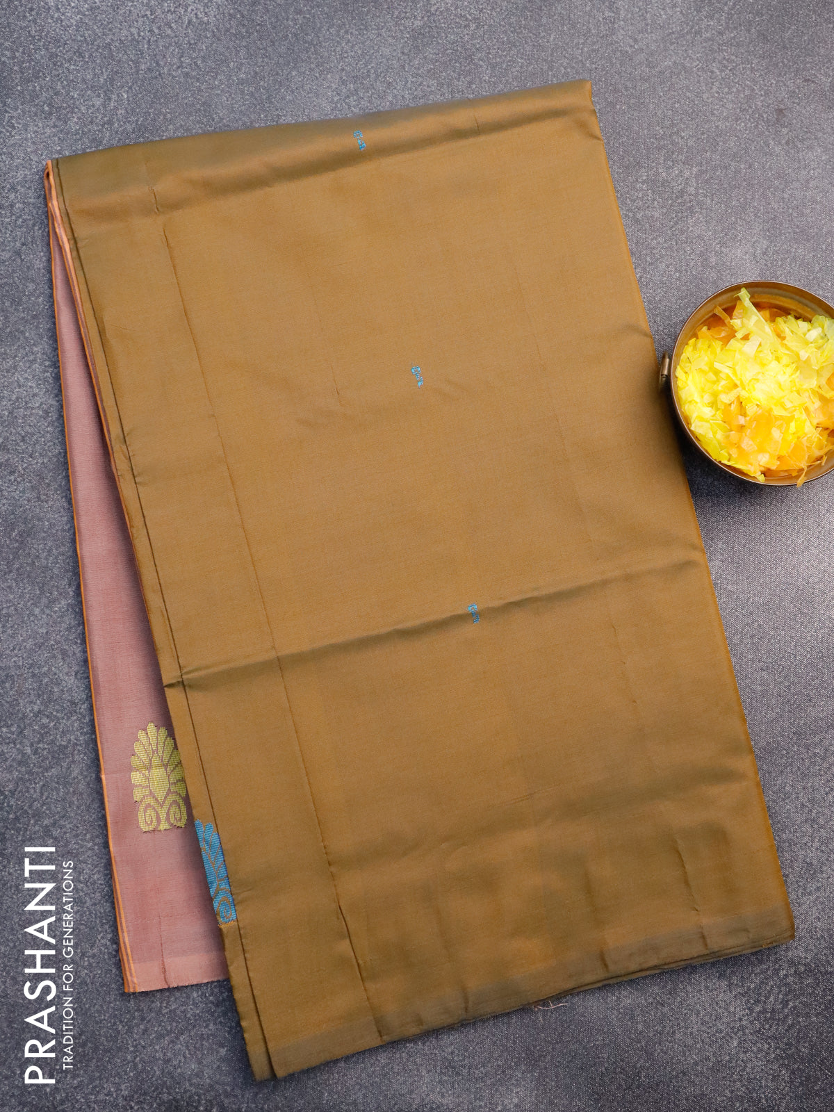 Banana pith saree dark mustard and pastel peach shade with thread woven buttas in borderless style with blouse