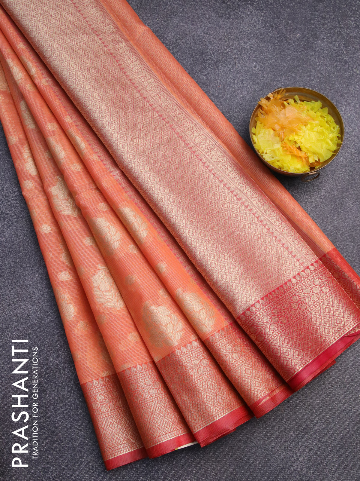 Banarasi kota saree peach orange and red with zari woven floral buttas and zari woven border