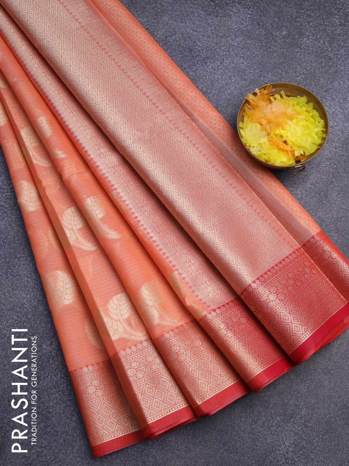 Banarasi kota saree peach orange and red shade with zari woven leaf buttas and zari woven border