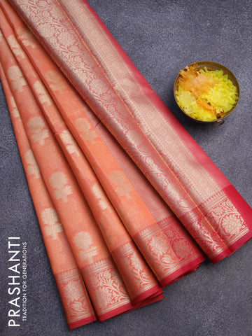 Banarasi kota saree peach orange and red with zari woven floral buttas and zari woven floral border