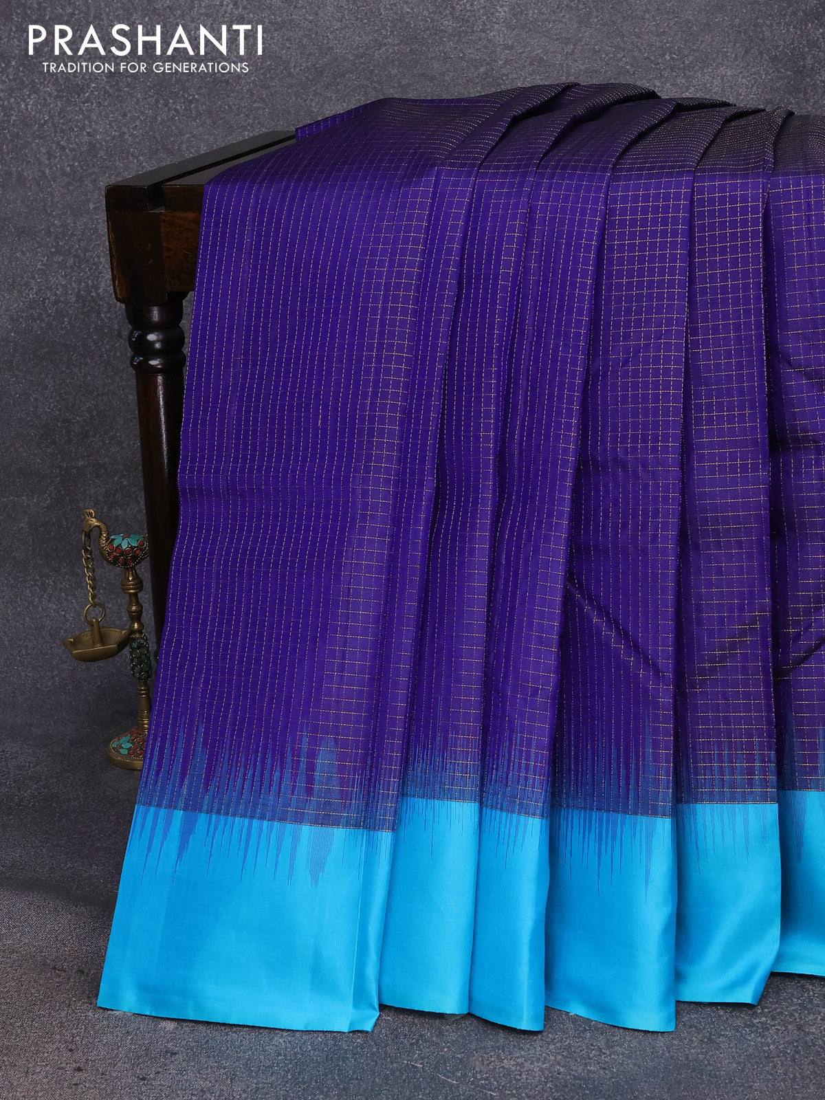 Pure kanjivaram silk saree blue and light blue with allover zari checked pattern and simple border