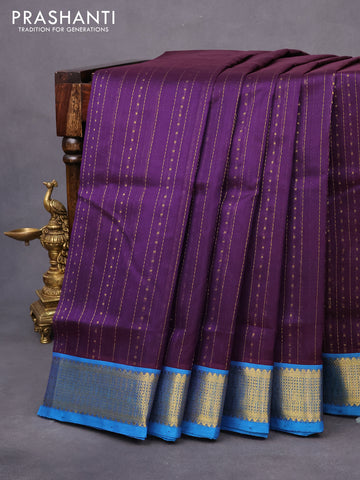 10 yards silk cotton saree deep violet and cs blue with allover zari weaves & buttas and zari woven border