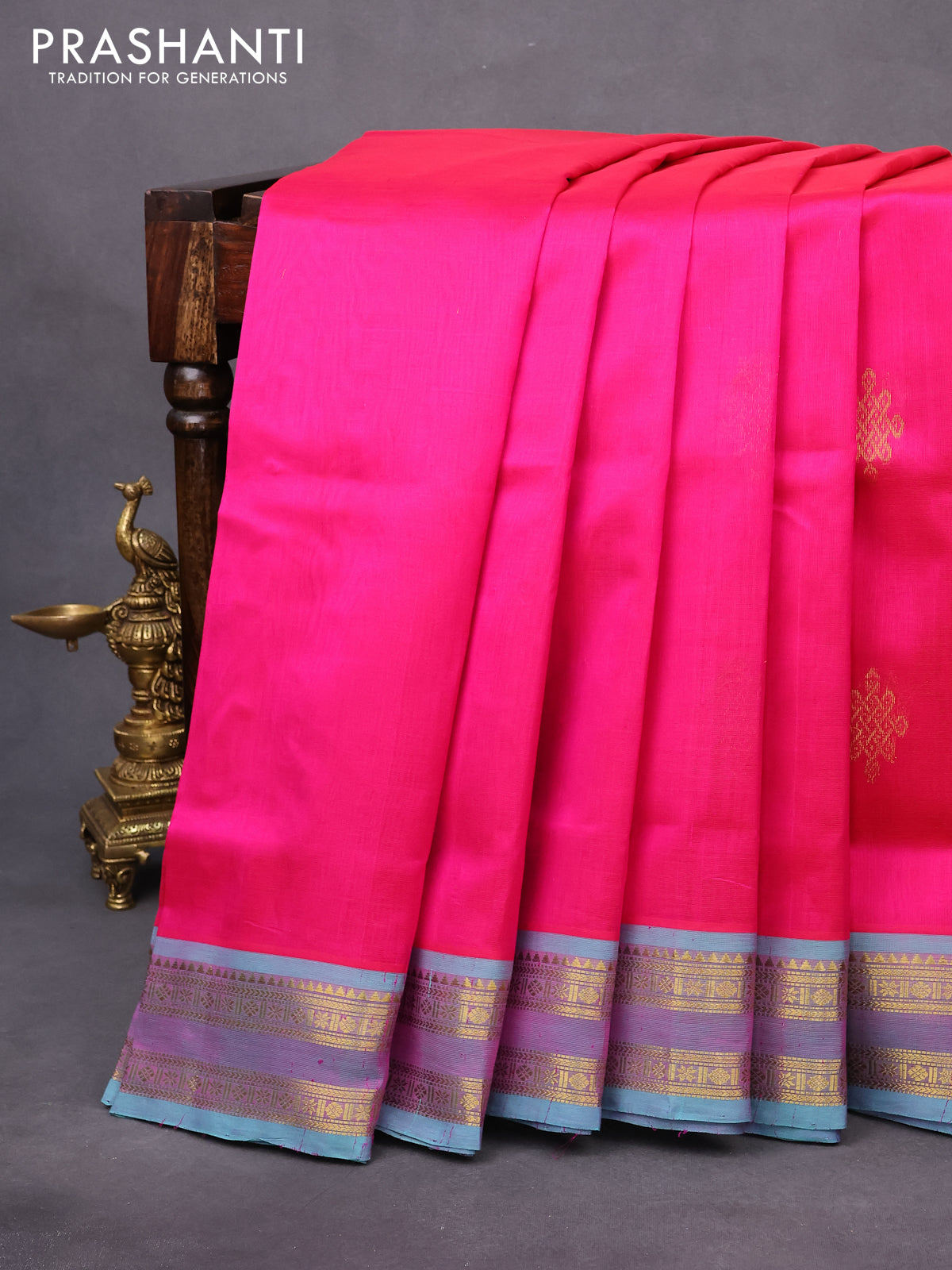 10 yards silk cotton saree pink and teal blue with zari woven buttas and rettapet zari woven border