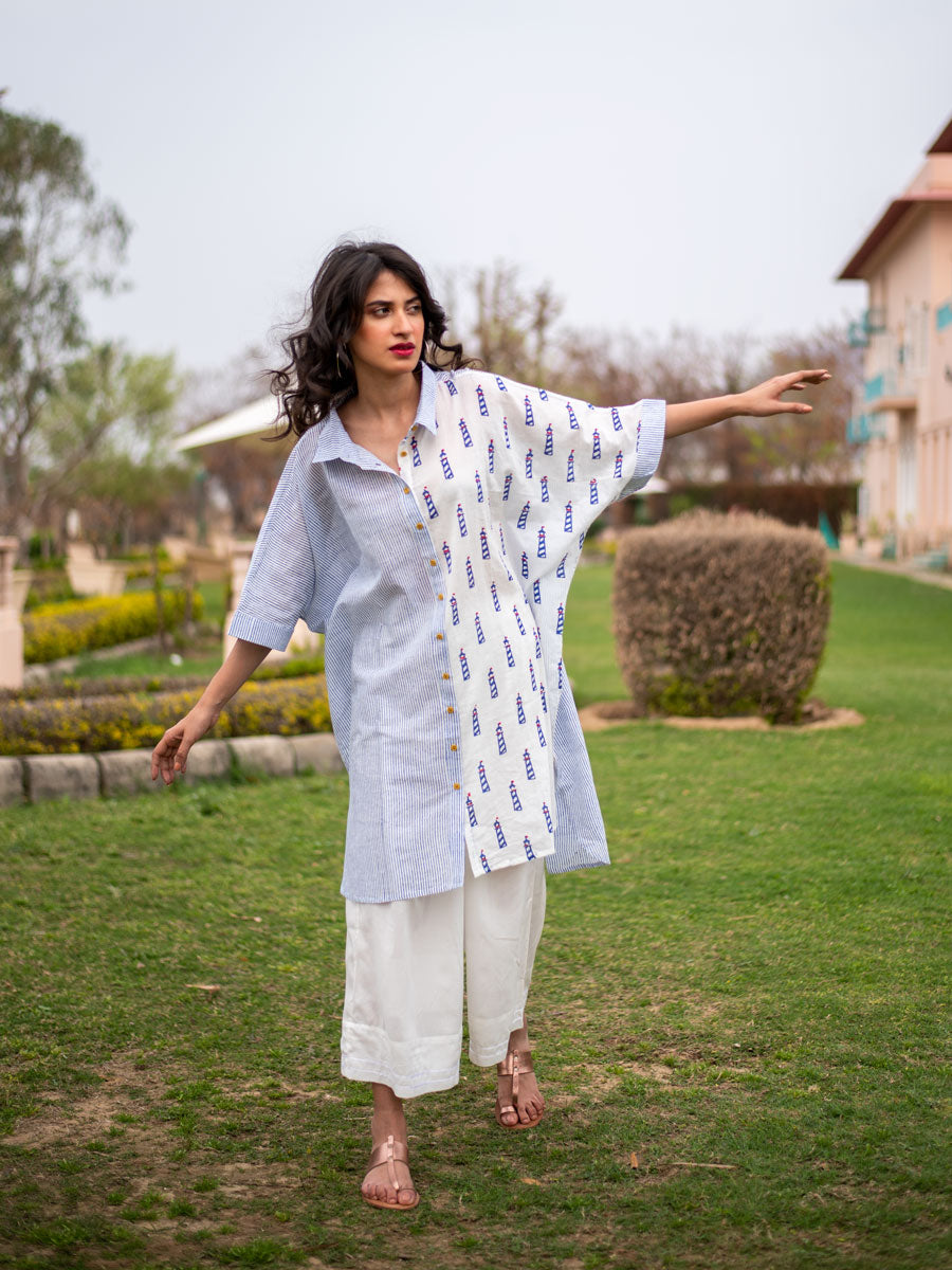 Lighthouse Over-Sized Asymmetrical Cotton Long Shirt