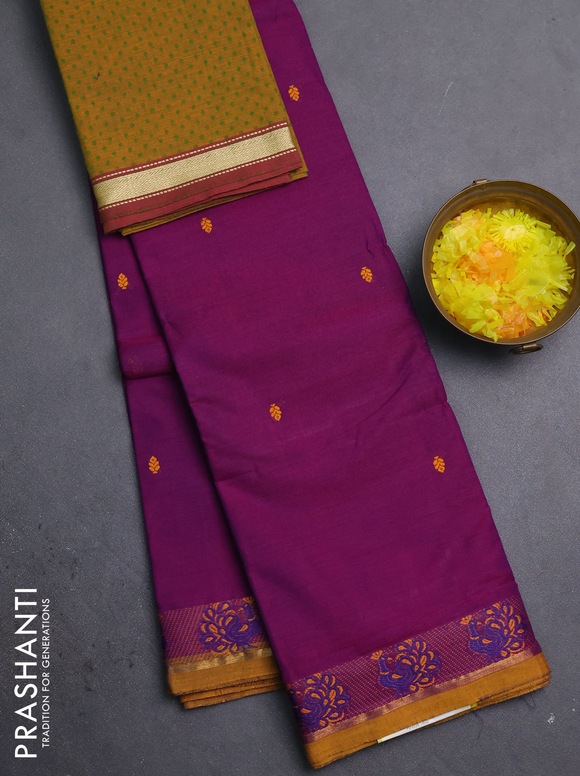Chettinad cotton saree violet and dark mustard with thread woven buttas and thread woven border
