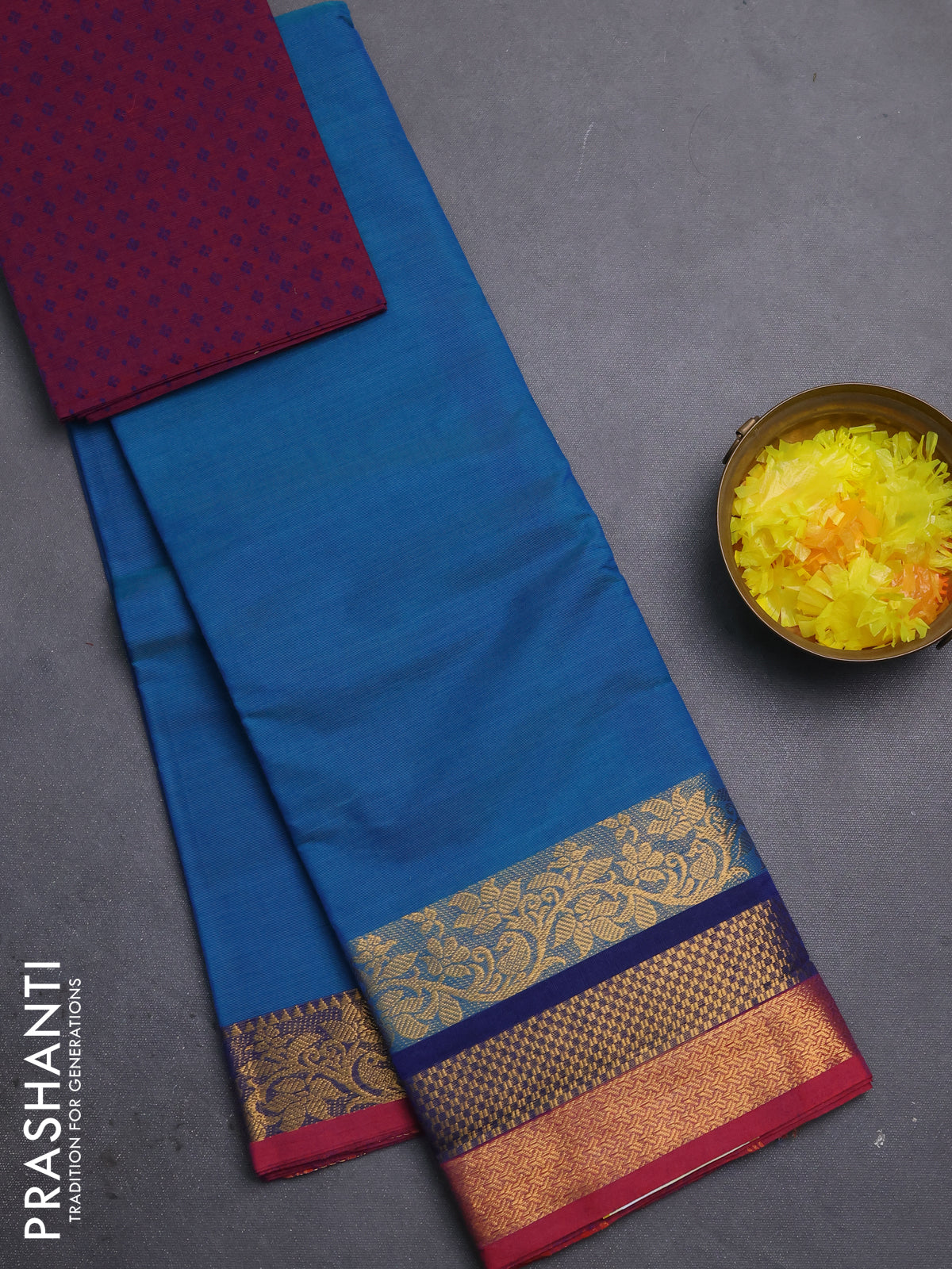 Chettinad cotton saree dual shade of blue and maroon with zari woven buttas and long zari woven border