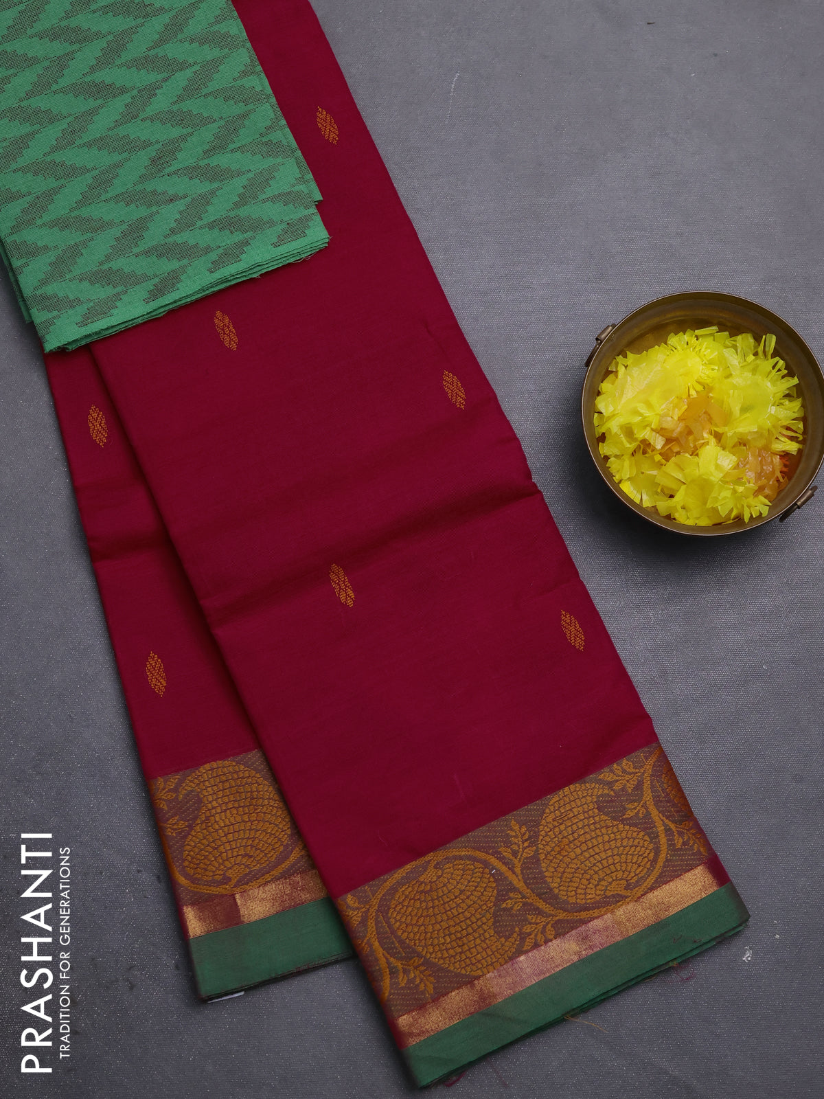 Chettinad cotton saree pink and green with thread woven buttas and thread & zari woven border