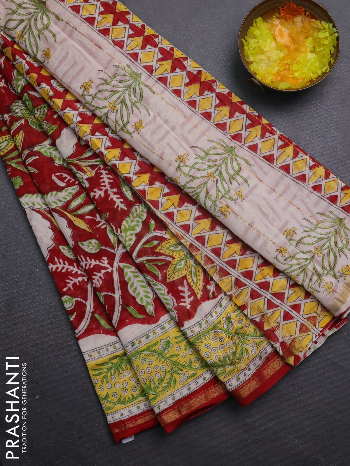 Chanderi bagru saree maroon with allover prints and small zari woven border