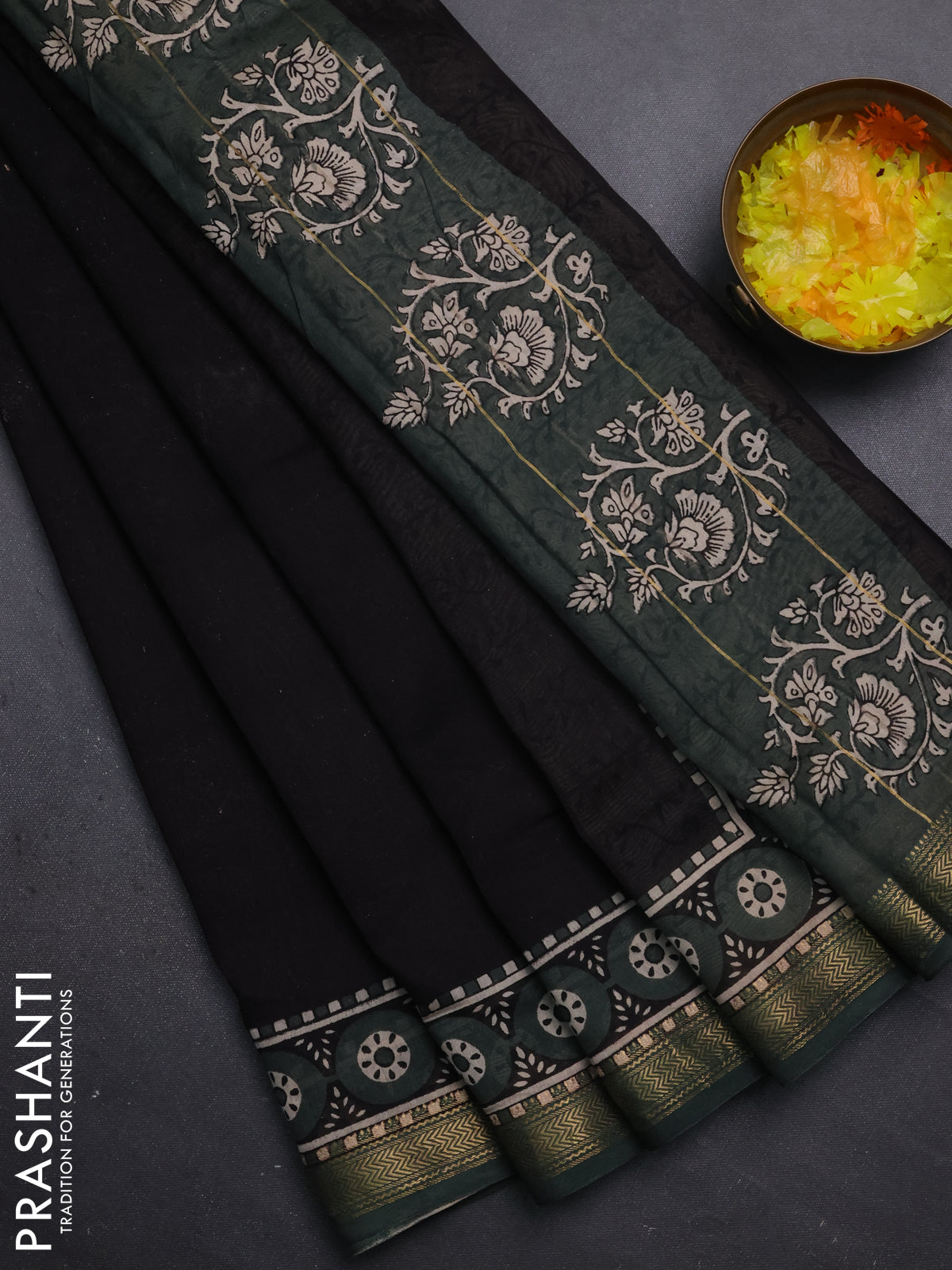 Chanderi bagru saree black and beige with plain body and maheshwari border