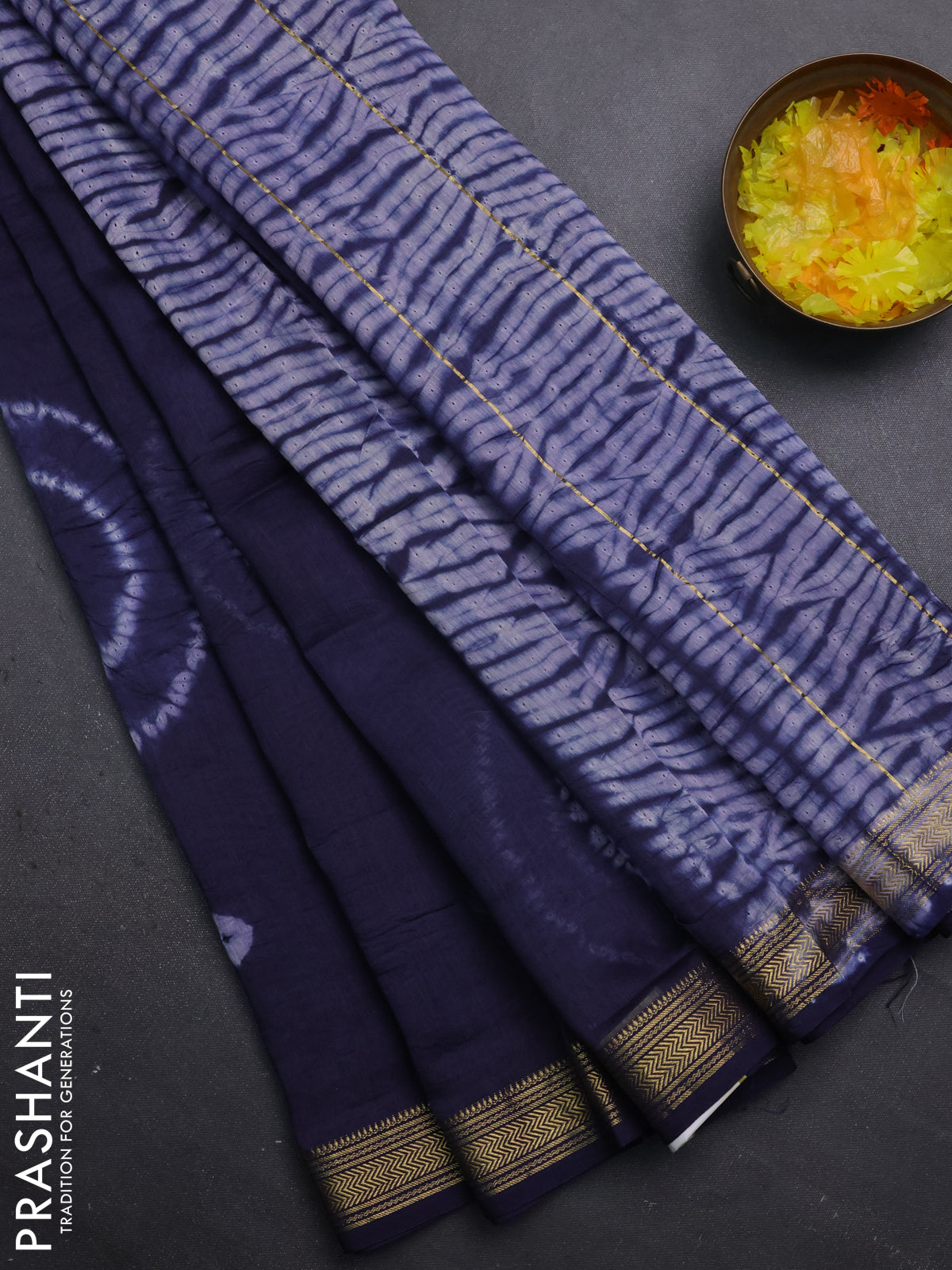 Chanderi bagru saree navy blue with shibori prints and maheshwari border