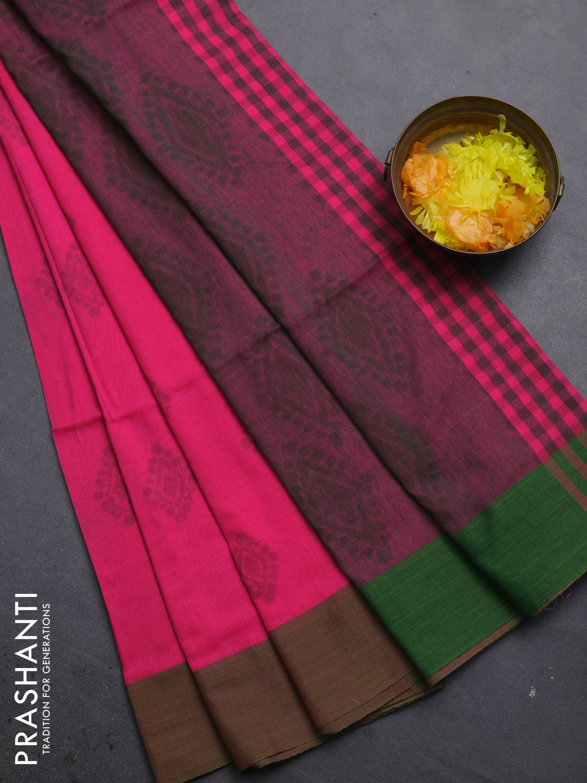 Bengal soft cotton saree pink and green with allover butta weaves and simple border
