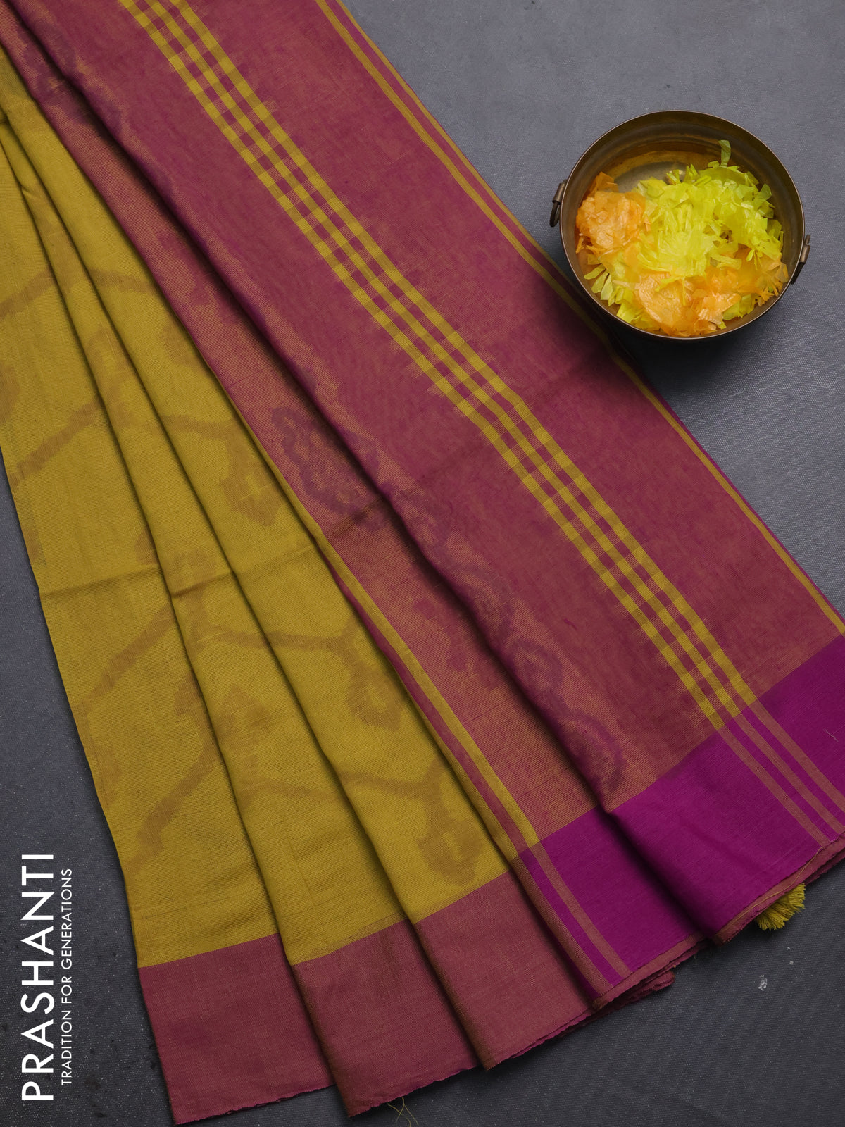 Bengal soft cotton saree mustard yellow and purple with allover butta weaves and simple border