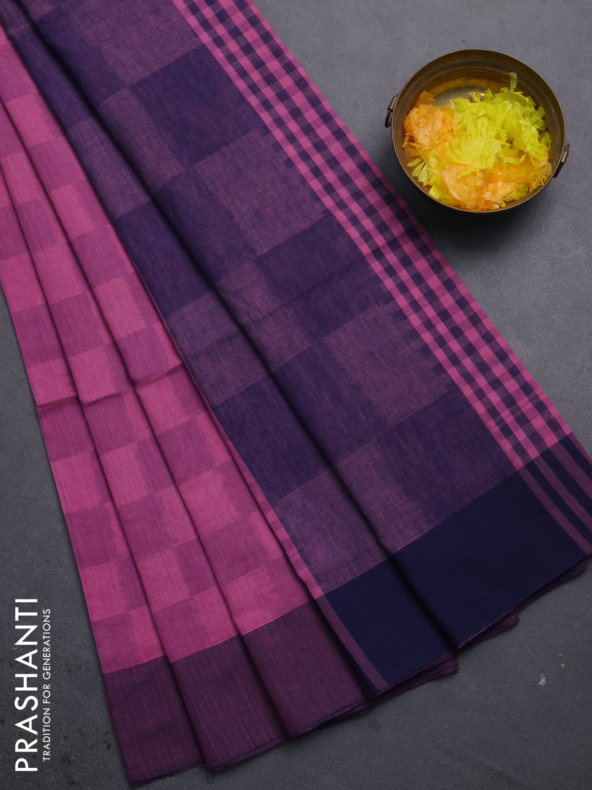 Bengal soft cotton saree mavue pink and navy blue with allover weaves and simple border