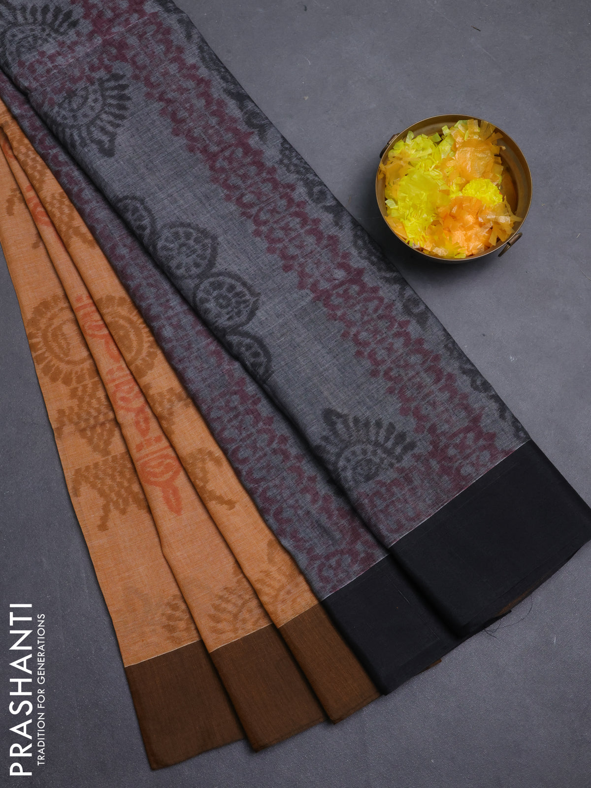 Bengal soft cotton saree mustard yellow and black with allover weaves and simple border