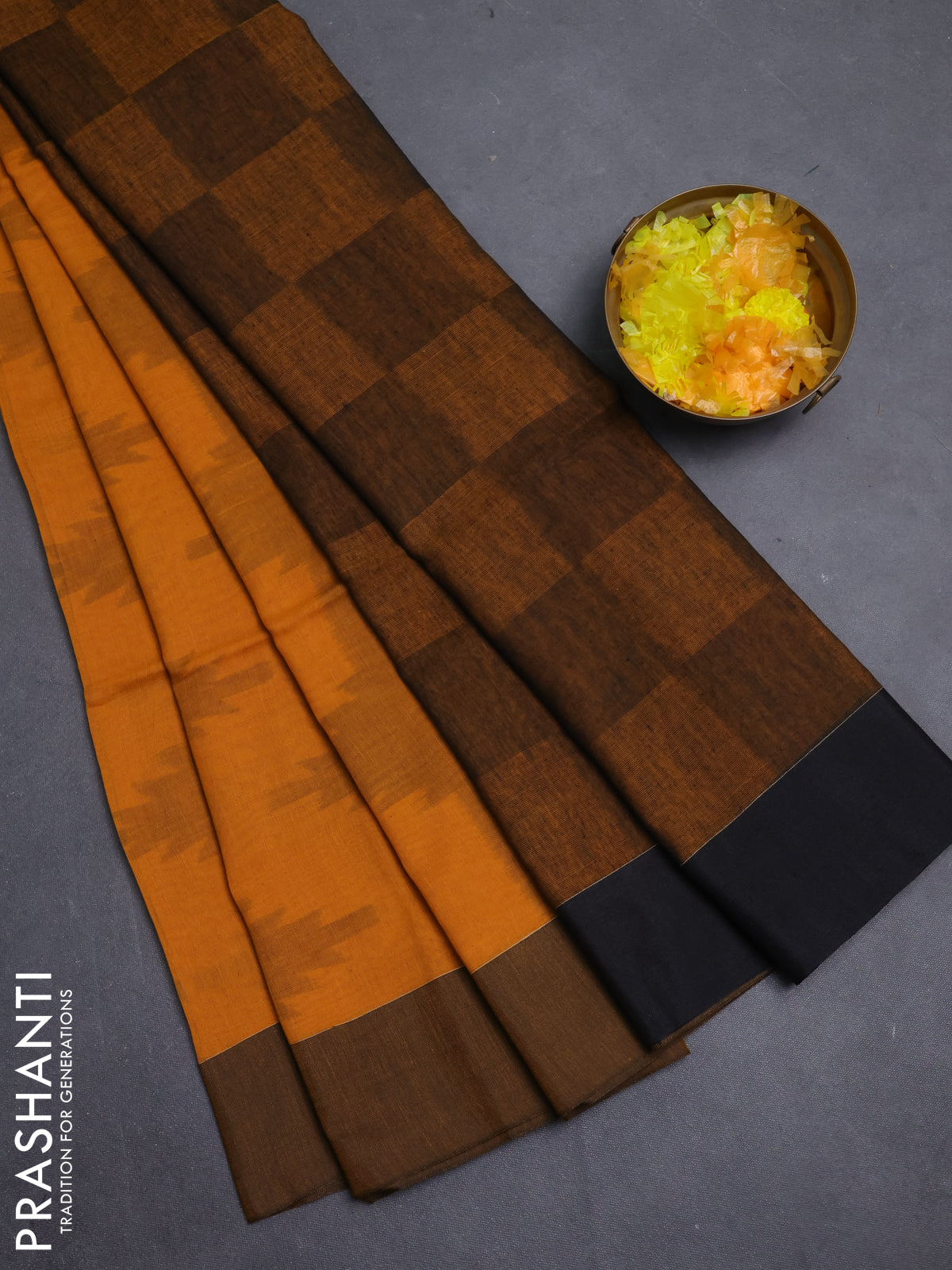 Bengal soft cotton saree mango yellow and black with allover weaves and simple border