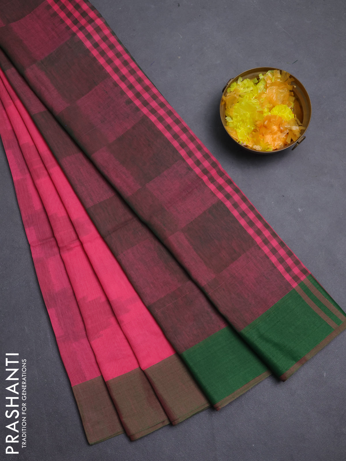 Bengal soft cotton saree candy pink and green with allover weaves and simple border