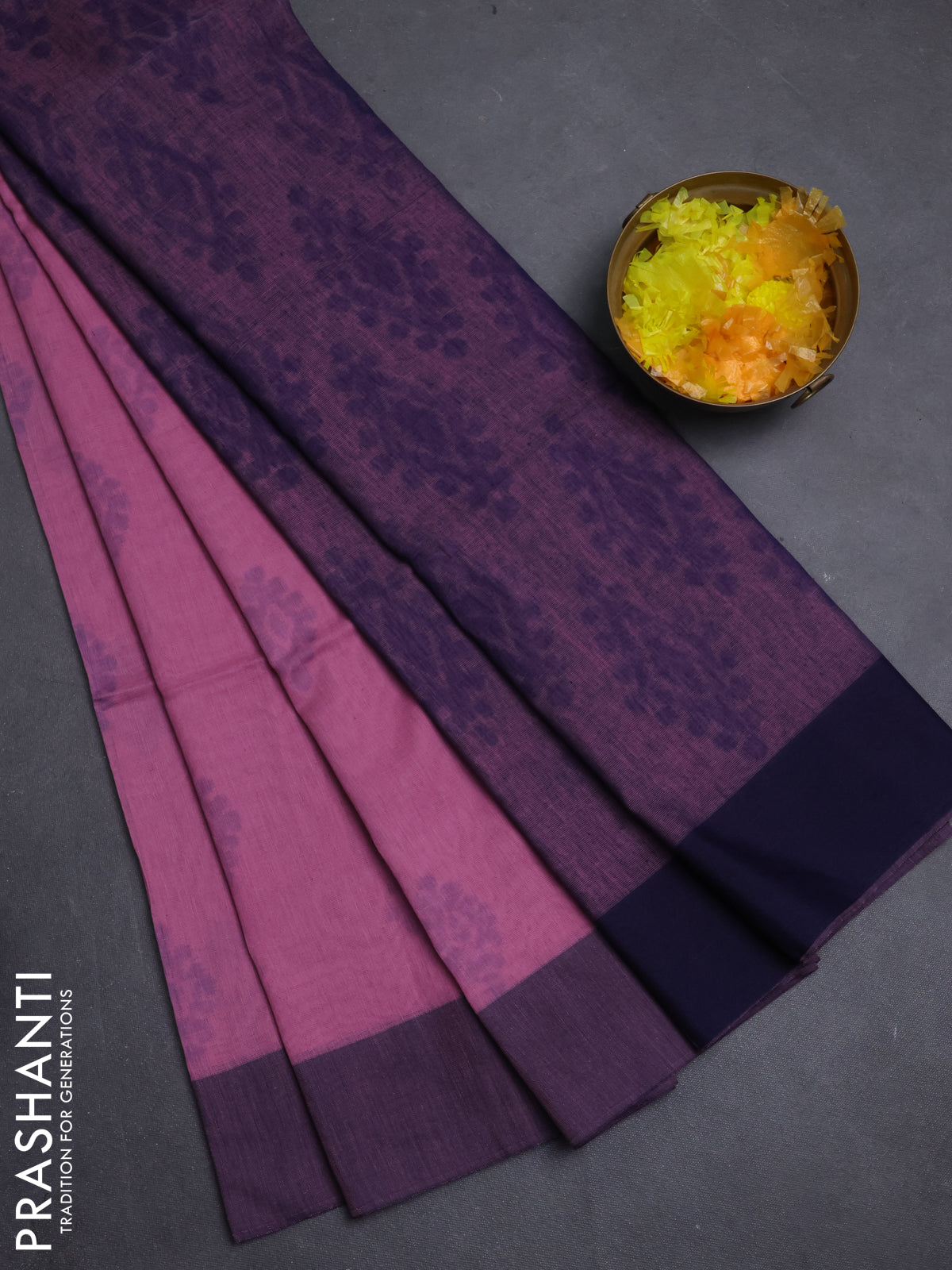 Bengal soft cotton saree pastel pink and navy blue with butta weaves and simple border