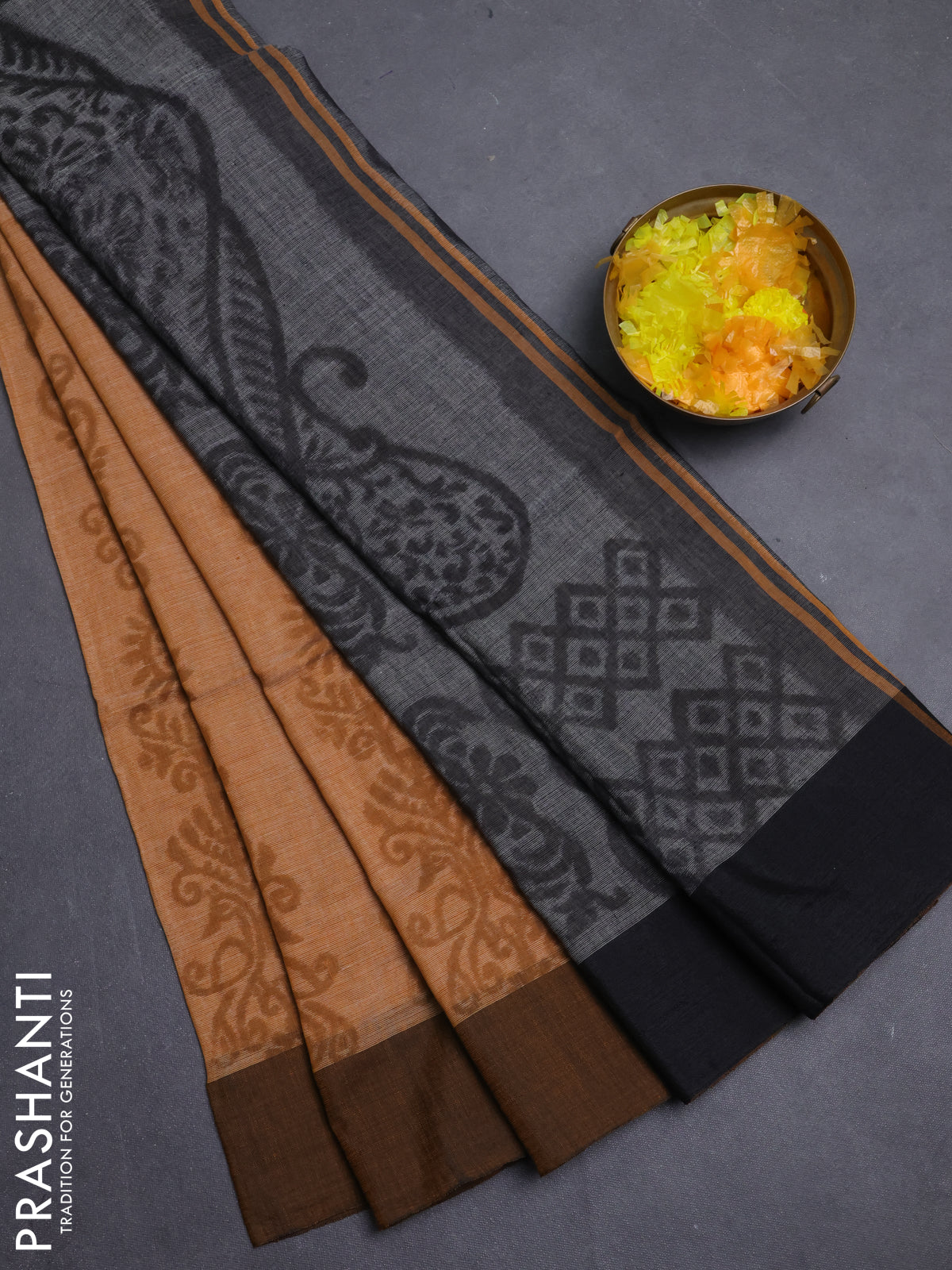 Bengal soft cotton saree dark mustard and grey with allover weaves and simple border