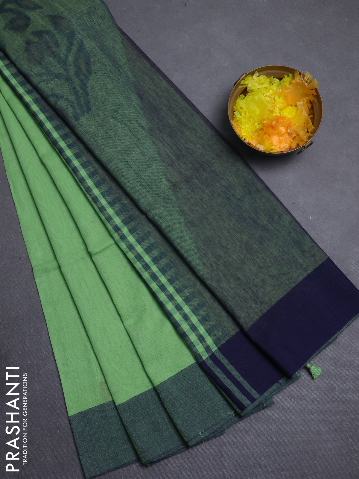 Bengal soft cotton saree green and blue with allover butta weaves and simple border