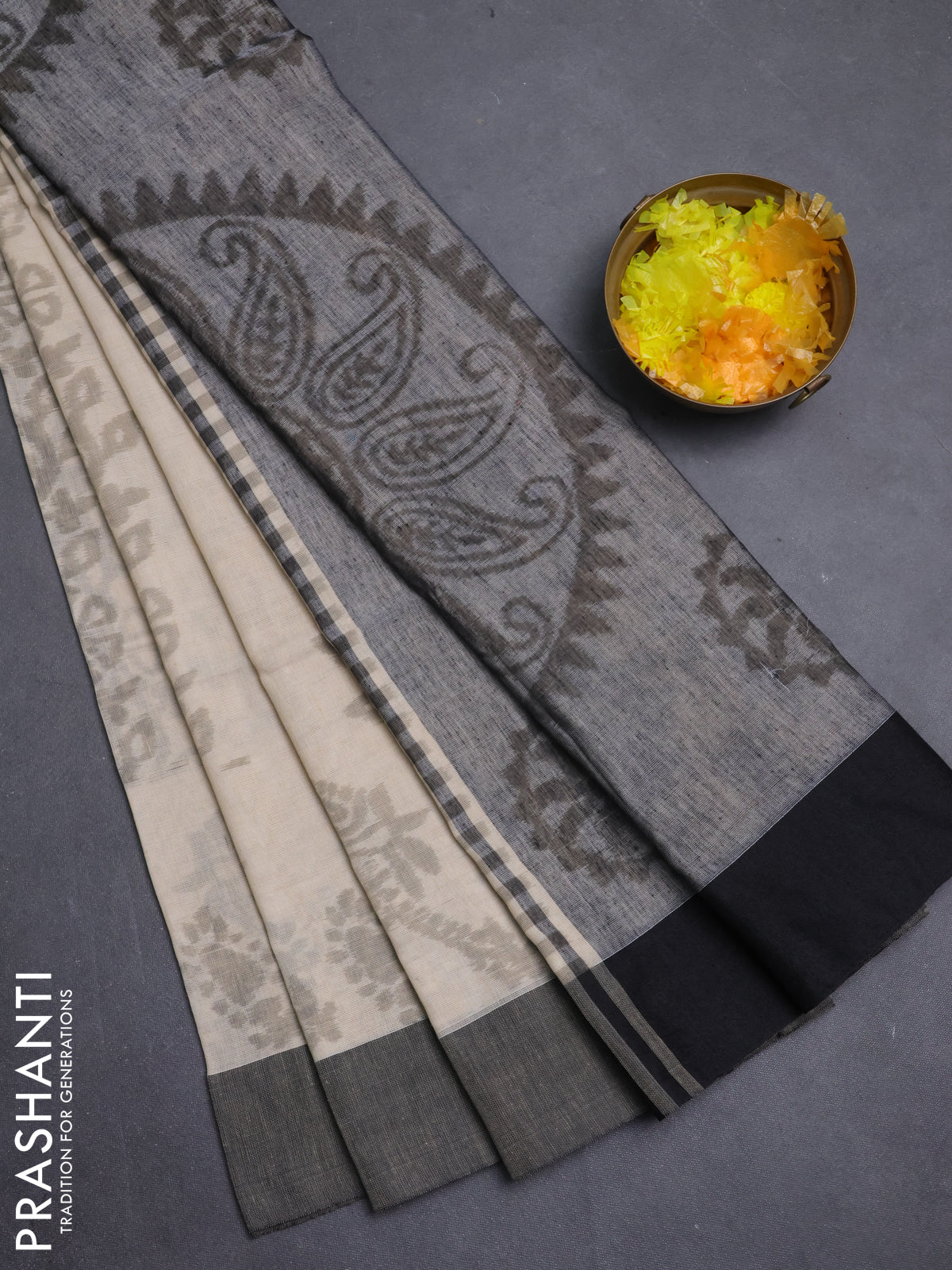 Bengal soft cotton saree beige and grey with allover weaves and simple border