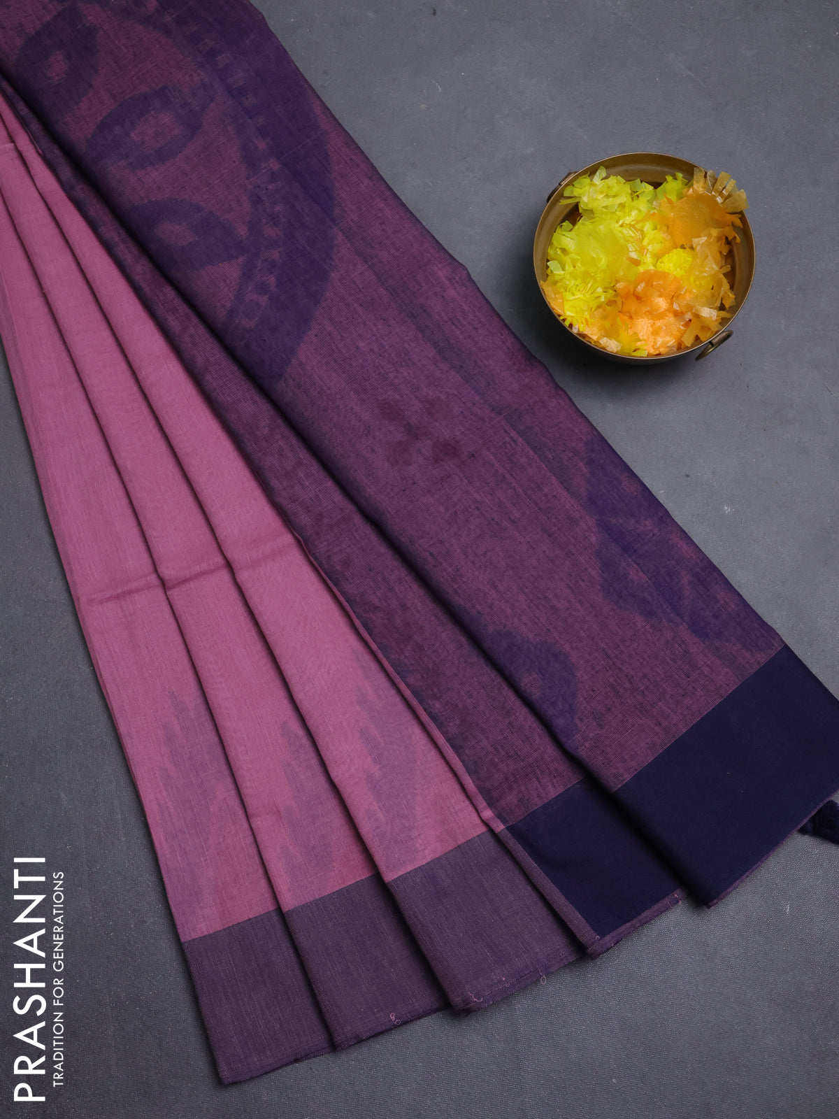 Bengal soft cotton saree mauve pink and navy blue with weaves and simple border