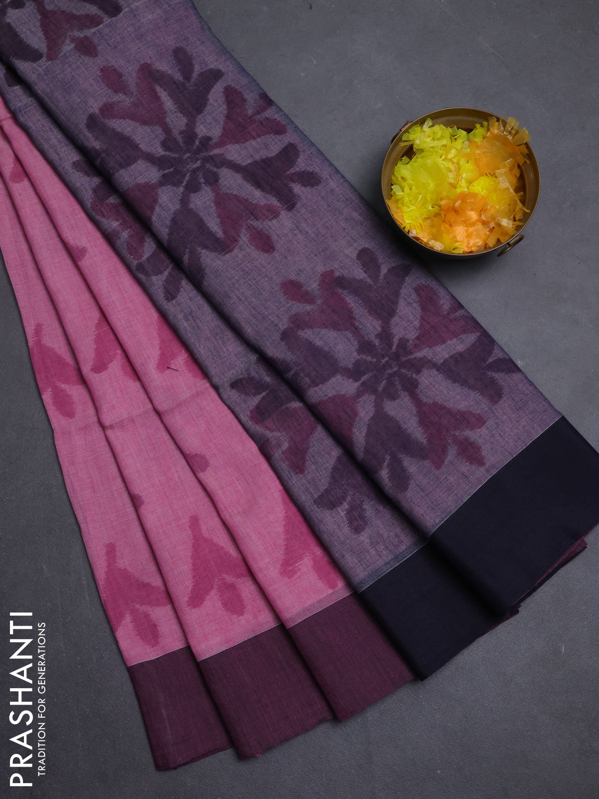 Bengal soft cotton saree pastel pink and navy blue with allover weaves and simple border