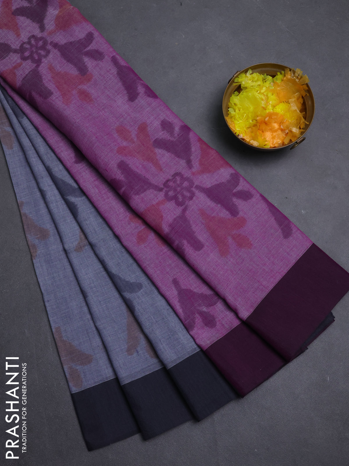 Bengal soft cotton saree violet and grey with allover weaves and simple border