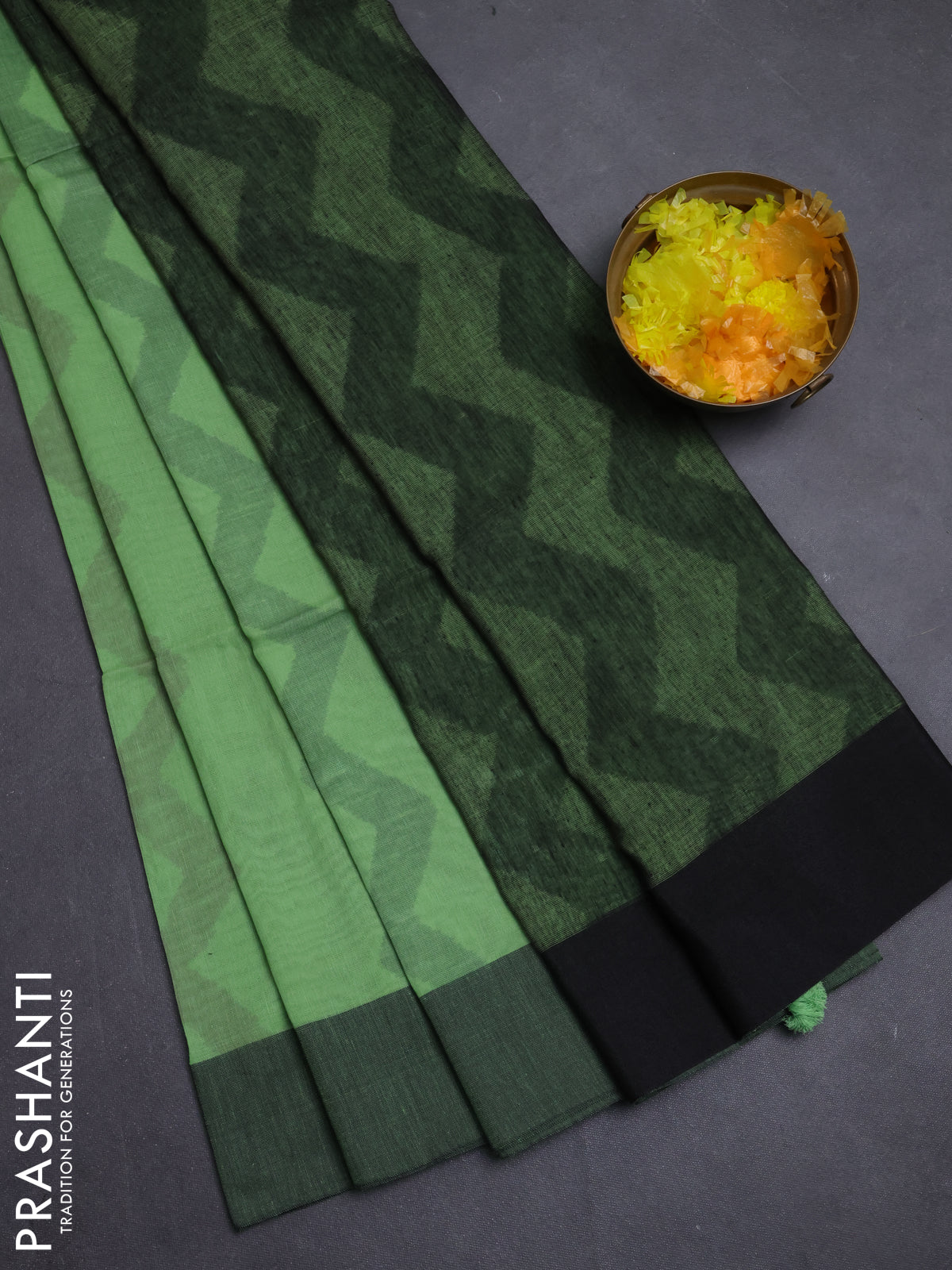 Bengal soft cotton saree pista green and black with allover weaves and simple border