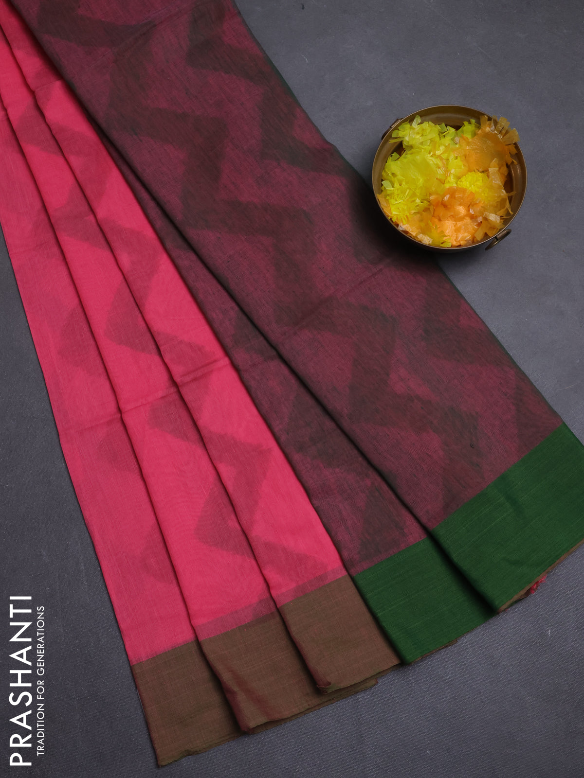 Bengal soft cotton saree mauve pink and green with allover weaves and simple border