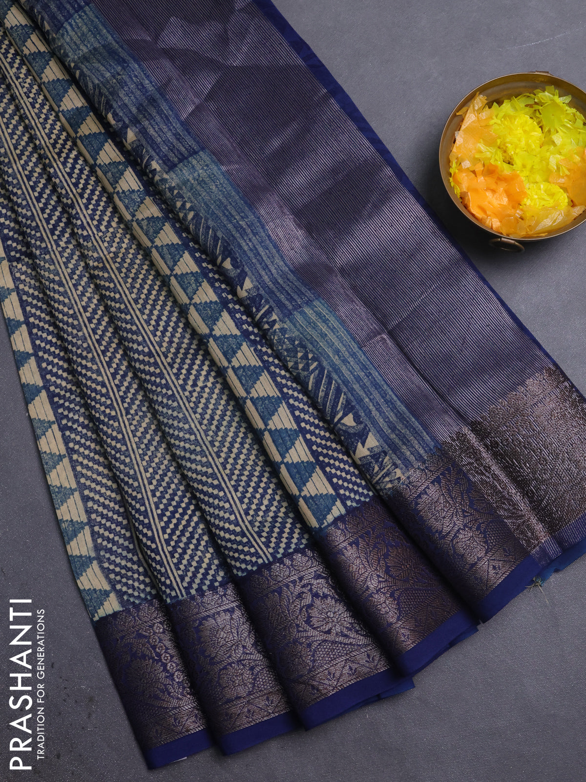 Chanderi silk cotton saree blue with allover prints and banarasi style border