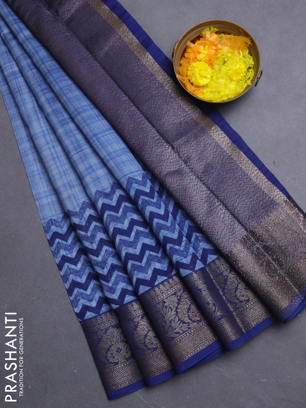 Chanderi silk cotton saree cs blue with allover zig zag prints and banarasi style border