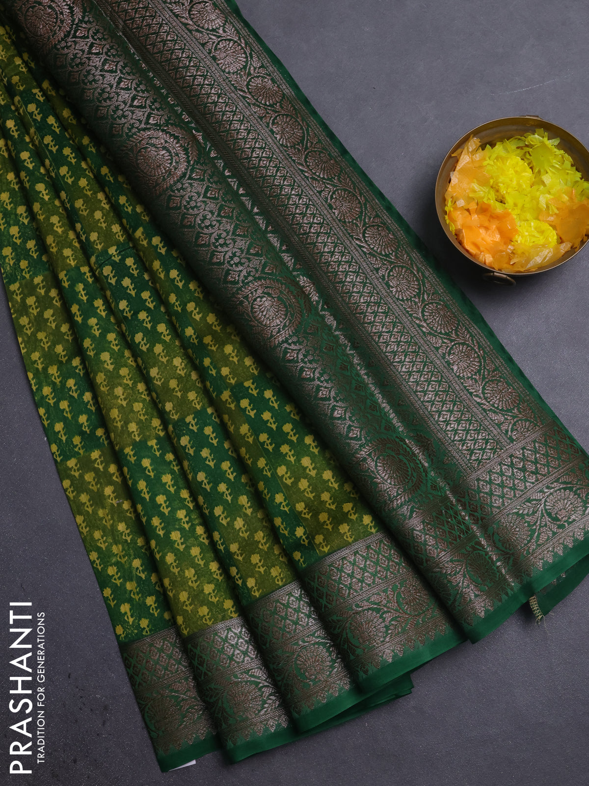 Chanderi silk cotton saree green with allover butta prints and banarasi style border