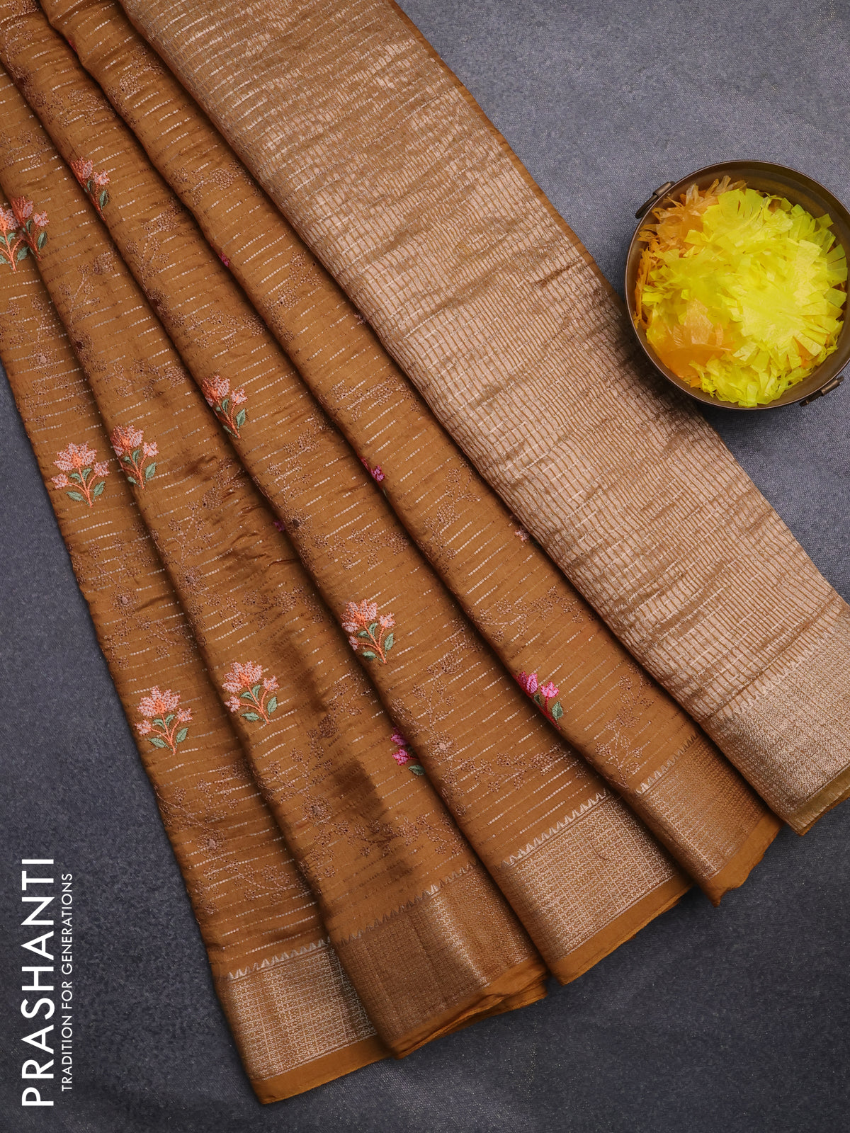 Assam silk saree mustard shade with allover zari weaves & embroidery work and zari woven border