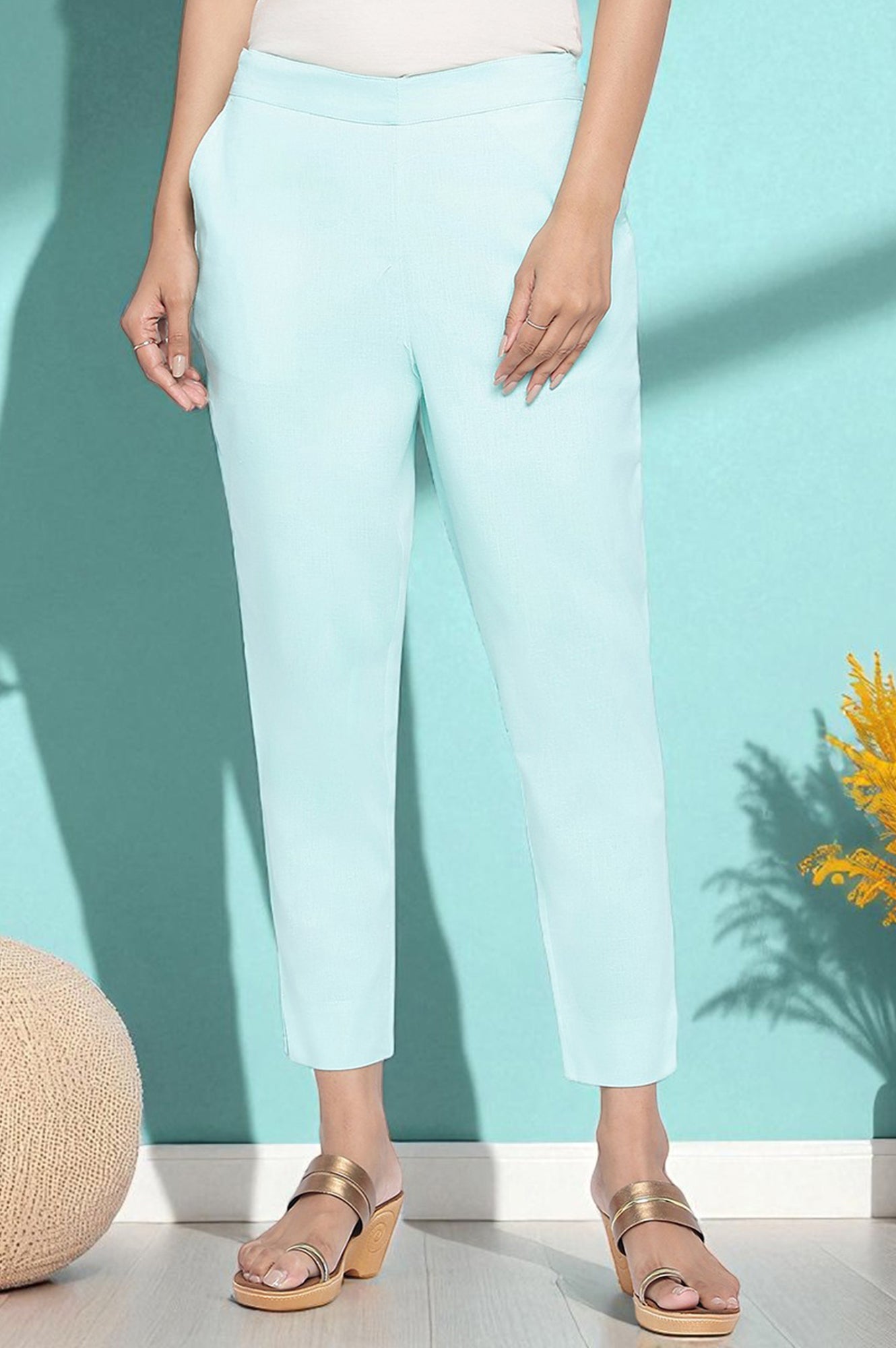 Blue Solid Cotton Flax Ankle Length Trousers