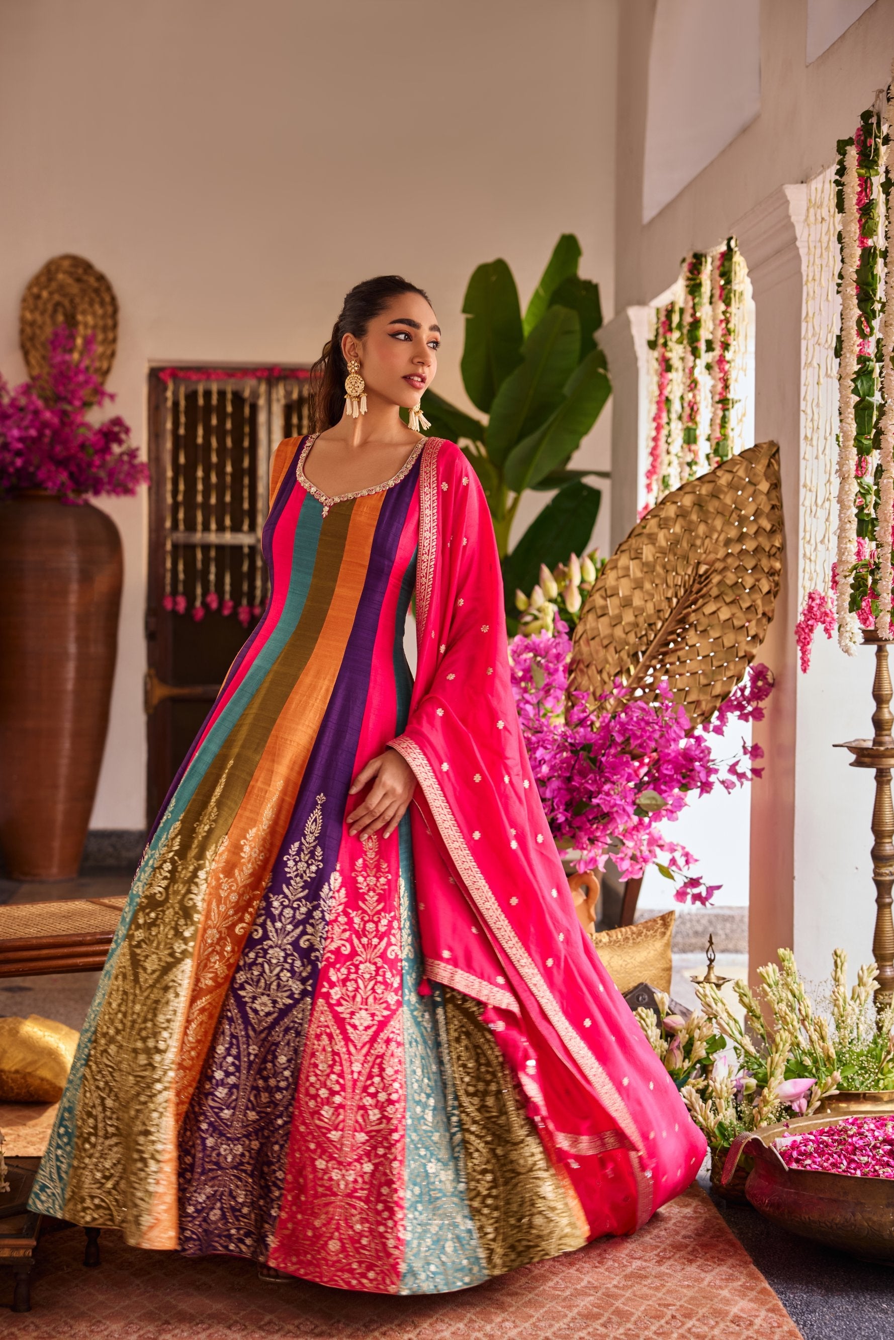 Multi Color Silk Anarkali Three Piece Set