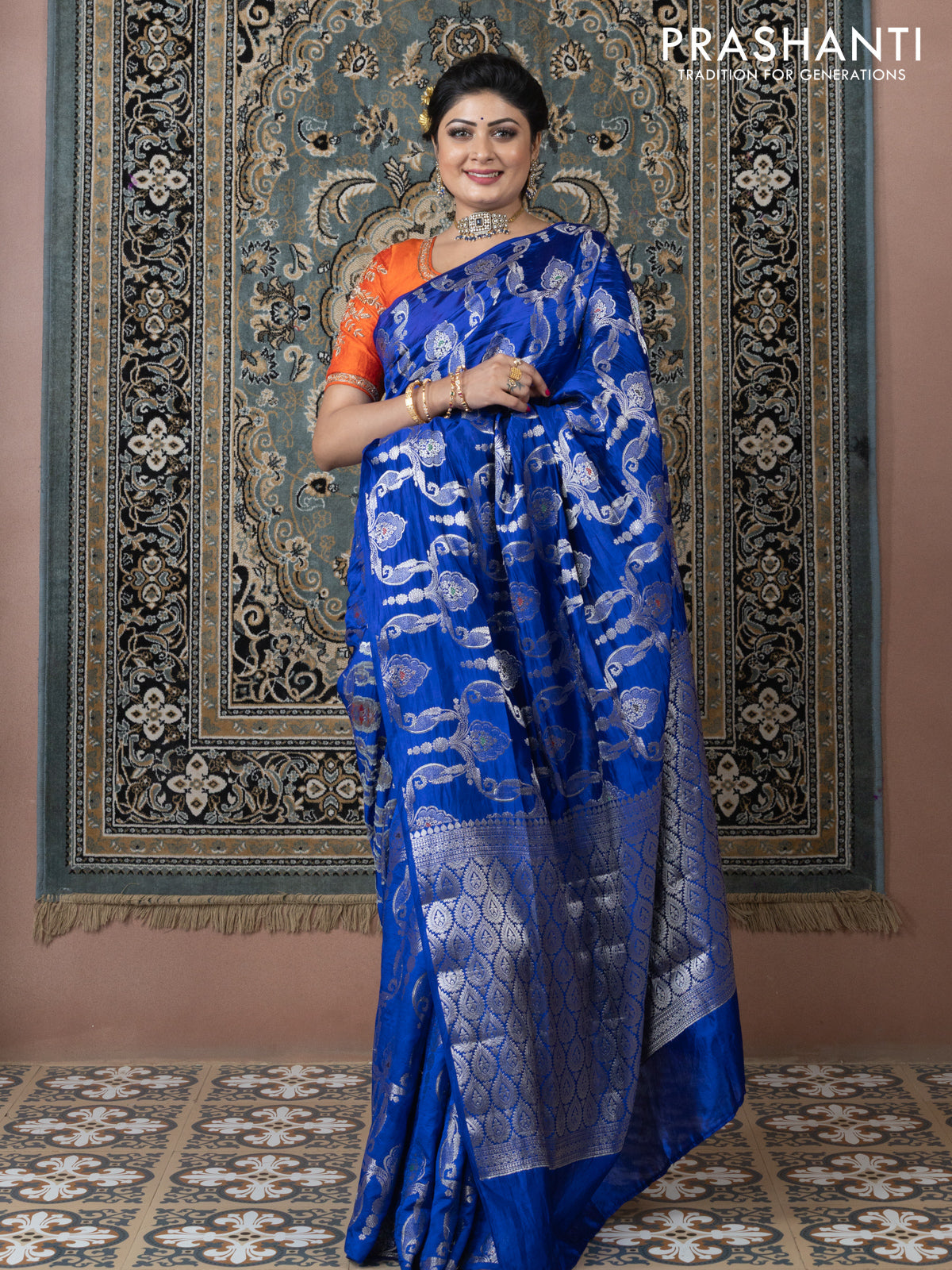 Banarasi poona silk saree blue and mango yellow with allover zari weaves in borderless style