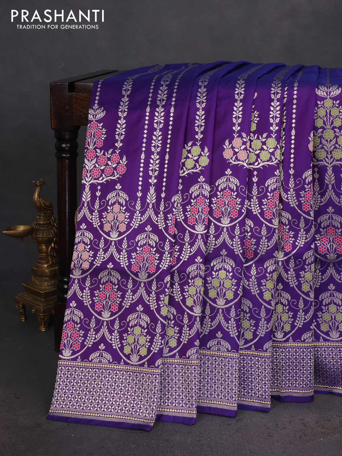 Banarasi uppada silk saree dual shade of bluish purple with allover thread & silver zari woven brocade weaves and silver zari woven border