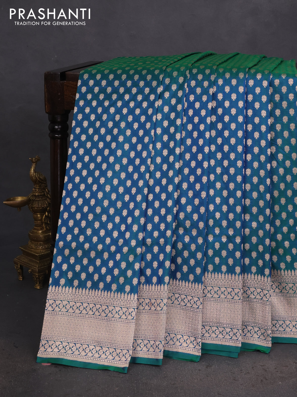 Banarasi uppada silk saree dual shade of bluish green with allover zari woven buttas and zari woven border