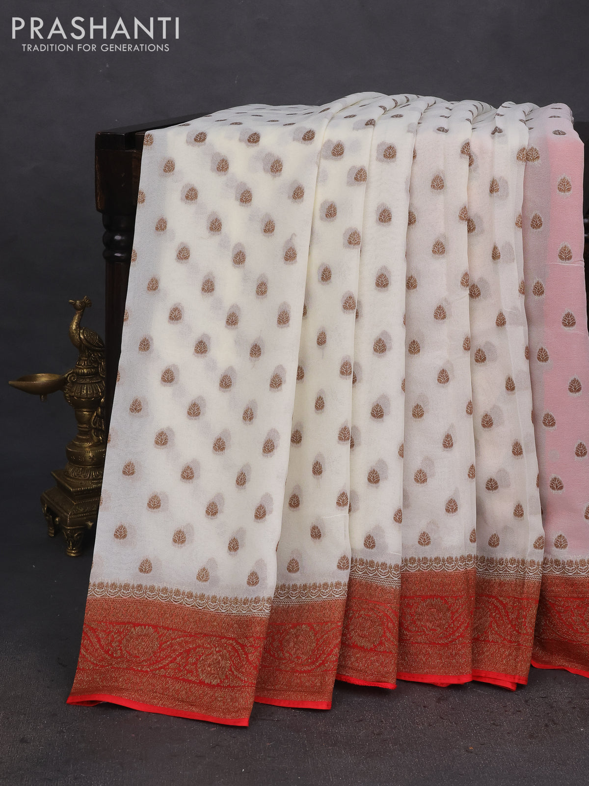 Banarasi semi georgette saree beige and red with allover thread & zari woven buttas and woven border
